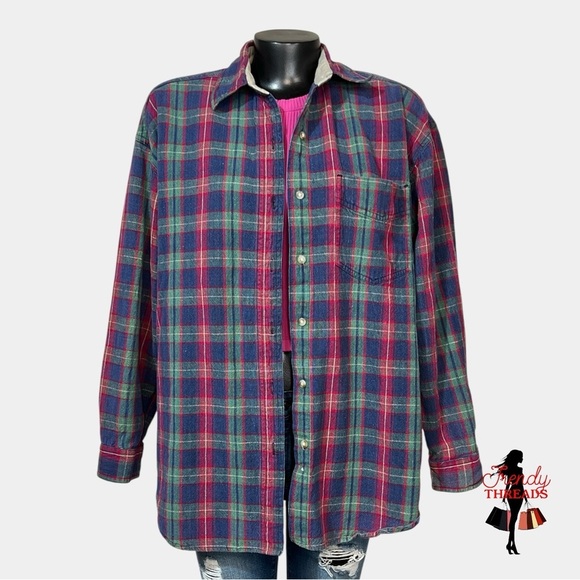 Vintage NorthCrest Plaid Distressed Flannel Mens LARGE Pocket Fall Button Shirt - Picture 2 of 8